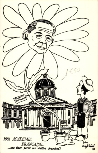Artist Postcard Academie Francaise 1981, a flower between the old branches, Marguerite Yourcenar