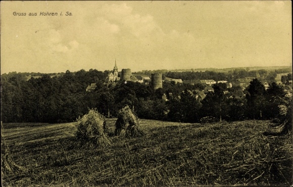 Ak Kohren Sahlis Frohburg Sachsen, Landschaft mit Wiesen, Strohballen, Kirche, Burgruine, Ort Koh