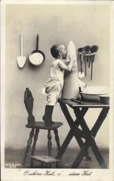 Postcard O beautiful time, o sweet time, child licks at a sugarloaf