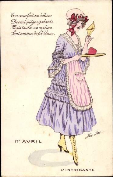 Kunstenaarskaart Sager, Xavier, 1er Avril, 1 april, l'Intrigante, vrouw met brief
