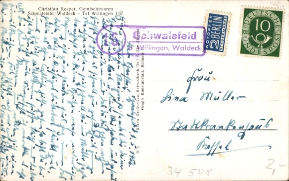 KP wiejski stempel pocztowy 16 Schwalefeld ü. Willingen, Waldeck