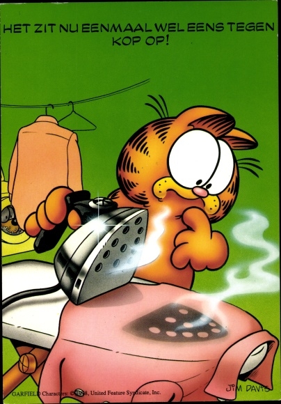 Ak Garfield z żelazkiem, spalona koszula