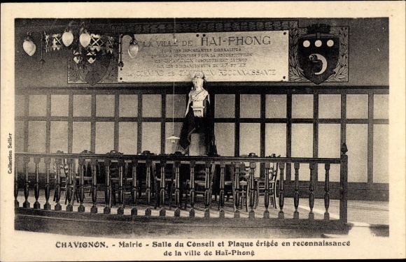 Postcard Chavignon Aisne, Town Hall, Council Chamber and Plaque, City of Hai Phong