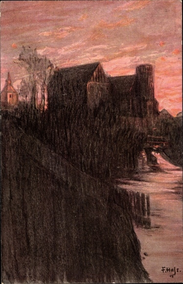 Kunstenaarskaart Hass, Fritz, Olsztyn Allenstein Oost-Pruisen, Oud kasteel aan de Alle, toren