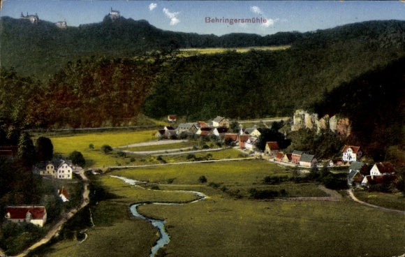 Postcard Behringersmühle Gößweinstein in Upper Franconia, landscape with houses, river, hills, and castles