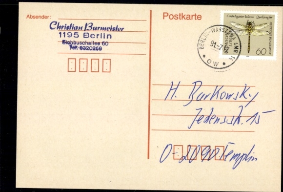 Michel nr 1548 na pocztówce, stempel pocztowy kolei polskiej Berlin Warszawa