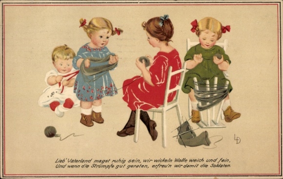 Artist Postcard Döring, L., Dear Fatherland, may you be calm, children roll up wool