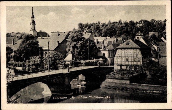 Postcard Lunzenau in Saxony, town view with Muldenbrücke and church