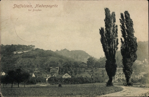 Postcard Dresden Niederpoyritz, front view of Staffelstein, landscape with trees and houses