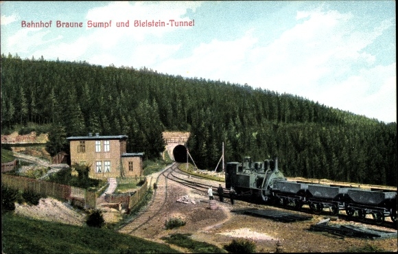 Postcard Blankenburg am Harz, Braune Sumpf station and Bielstein tunnel, Harz cog railway