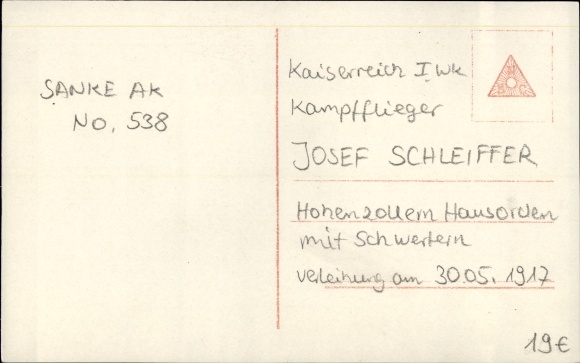 PC Vizefeldwebel Josef Schleiffer, fighter pilot, Hohenzollern house order with swords, Sanke 538