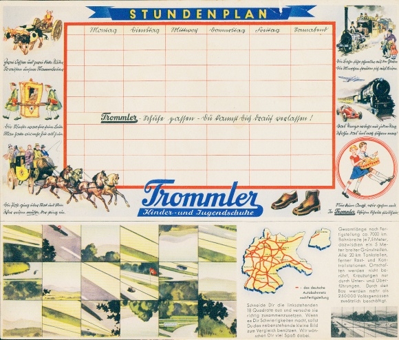 Timetable drummer children&#39;s and youth shoes, puzzle Reichsautobahn around 1935