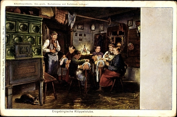 Artist Postcard Falk, G., Erzgebirge lacemaking studio, tiled stove