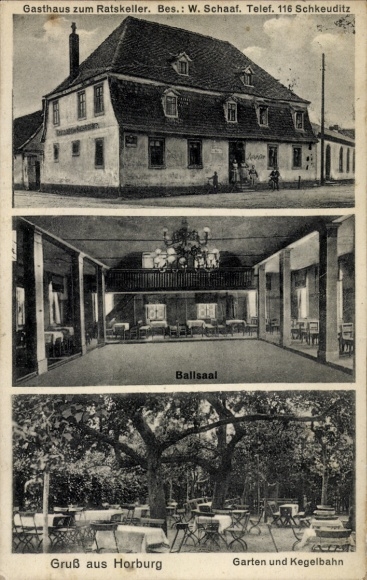 Ak Horburg Maßlau Leuna an der Saale, Gasthaus zum Ratskeller, Ballsaal, Garten und Kegelbahn, Gr