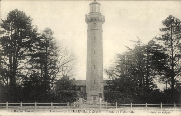 PC Beuzeville Eure, lighthouse, surrounded by trees, entrance fence, black and white