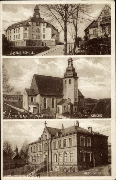 Postcard Zschorlau in the Ore Mountains, new and old school, church