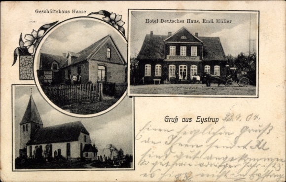 Ak Eystrup in Nedersaksen, Haase bedrijfsgebouw, Hotel Deutsches Haus, kerk
