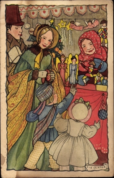 Artist Postcard Cramer, Rie, Family at the Christmas Market