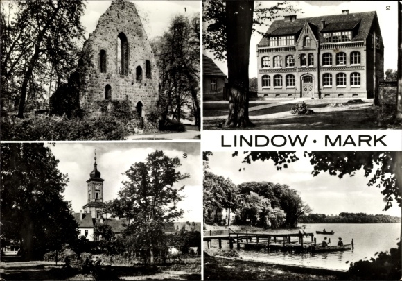 Postcard Lindow in der Mark, monastery ruins, central school, view of the church, Am Wutzsee