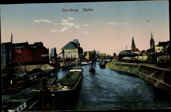 KP Ruhrort Duisburg w Zagłębiu Ruhry, widok na port, droga wodna, statki, budynki, niebo