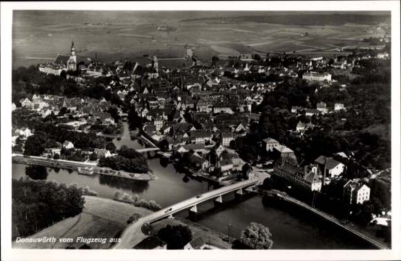 Postcard Donauwörth in Swabia Bavaria, aerial view of cityscape, river, bridge, green areas