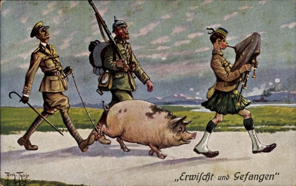 Artist Postcard Thiele, A., Caught and captured, prisoners of war, Scotsman, pig