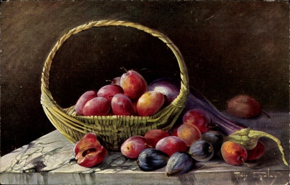 Artist Postcard Golay, Mary, still life, fruits in a basket, fruit
