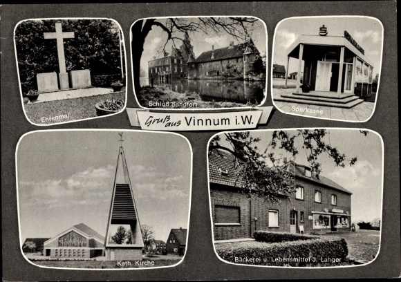 Postcard Vinnum Olfen Westfalen, Sandfort Castle, church, memorial, Langer shop, savings bank