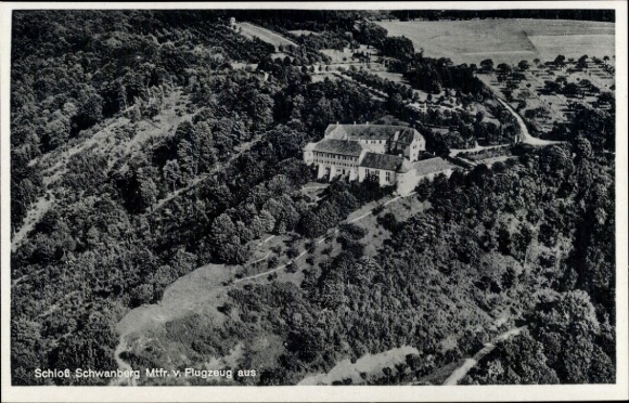 Postcard Rödelsee in Mainfranken Bavaria, Schwanberg Castle, aerial photograph