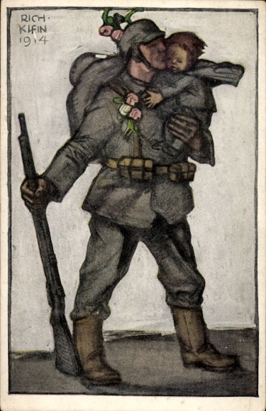 Artist PC Klein, Richard, soldier kisses a child, war departure