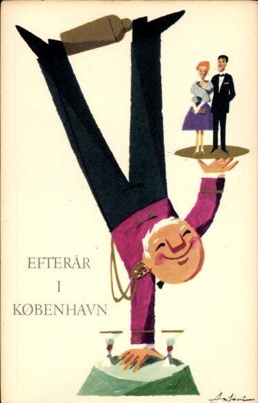 Artist Postcard København Copenhagen Denmark, Autumn, waiter does a handstand