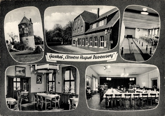 Postcard Davensberg Ascheberg near Münster, Gasthof Clemens August, bowling alley, Daverturm