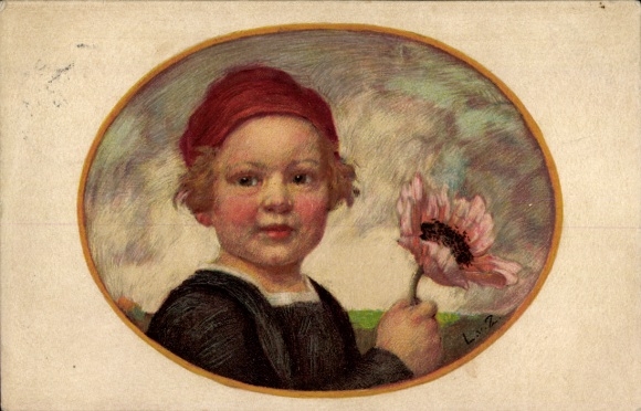 Artist Postcard by Zumbusch, Ludwig, Bavarian Flower Day 1913, Boy with Poppy Flower