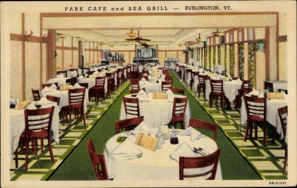 Ak Burlington Vermont USA, interieur, Park Cafe, Sea Grill, tafelkleden, stoelen, restaurant