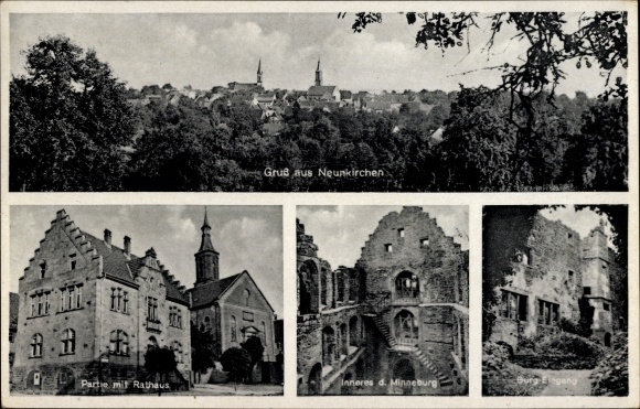 Postcard Neunkirchen in Baden, town hall, interior of the Minneburg, castle entrance, town view, church