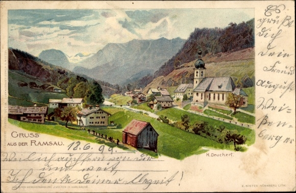 Artist Chromo-Litho Deuchert, H., Ramsau in Berchtesgadener Land Upper Bavaria, partial view