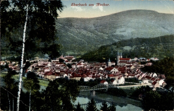 Postcard Eberbach am Neckar Odenwald Baden, city view, hill, architecture, Neckar river