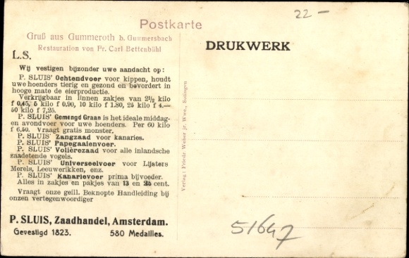 Postcard Gummeroth Gummersbach in the Oberbergischer Kreis, restoration Fr. Carl Bettenbühl