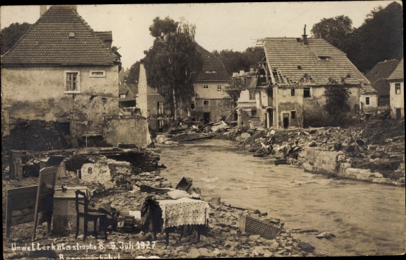Foto Ak Bad Gottleuba Berggiesshübel in Saksen, verwoeste huizen, stormramp 1927