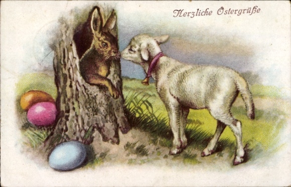 Ak Glückwunsch Ostern, Hase, Ostereier, Lamm