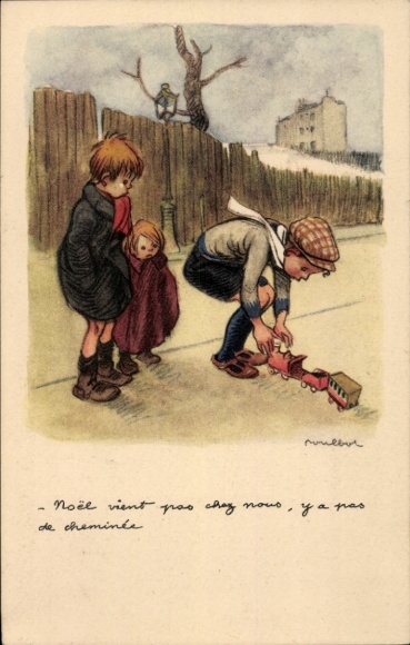Artist Postcard Poulbot, Francisque, Boys with toy train, Ligue Nationale contre le Taudis