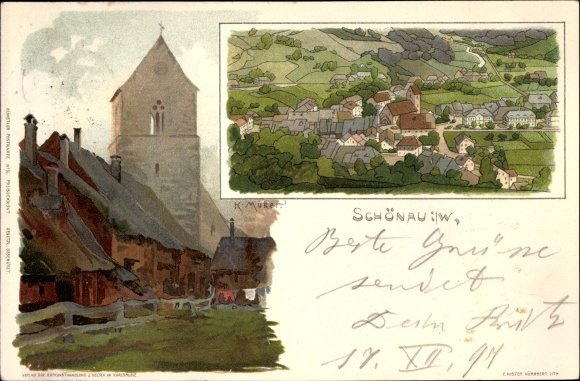 Artist Chromo-Litho mother, K., Schönau in Westphalia, place from the bird&#39;s eye view, church tower