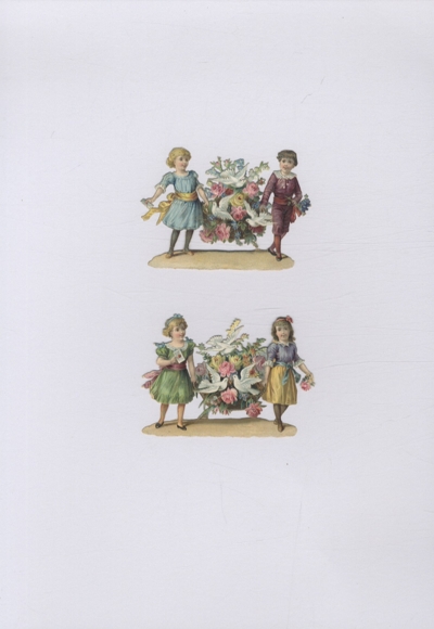 2 wafers children carrying baskets with flowers, white doves, each approx. 6 x 8 cm