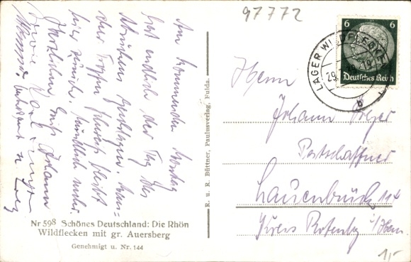 Postcard Wildflecken in the Rhön Lower Franconia, landscape with hills, meadows, trees, and houses