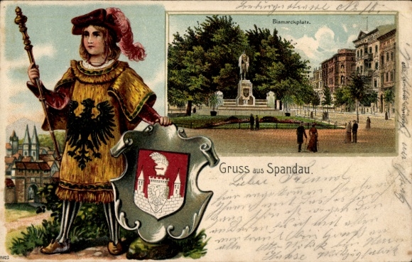 Embossed coat of arms passepartout litho Berlin Spandau, Bismarckplatz, monument