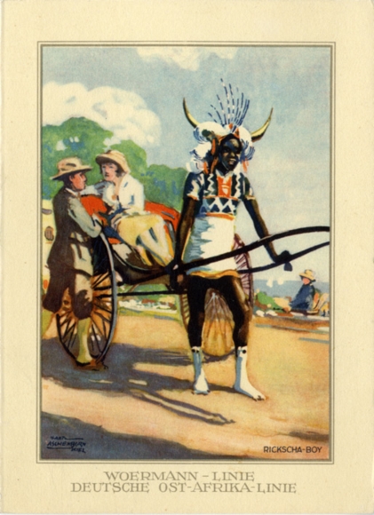 Künstler Menükarte Aschenborn, Hans, Dampfer Adolph Woermann, 13. Mai 1930, Hauptmahlzeit, Rickscha