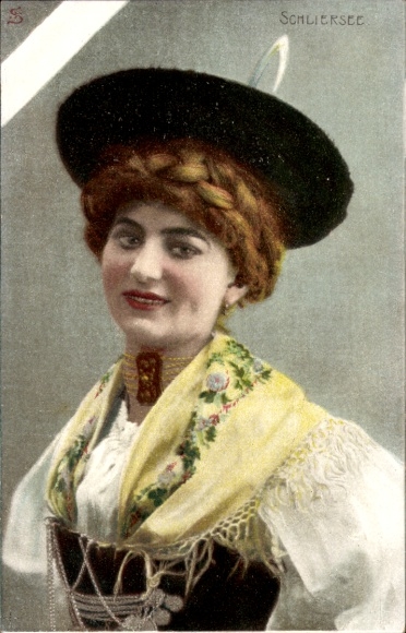 Postcard Schliersee in Upper Bavaria, a young woman in traditional costume with a hat and an embroidered scarf.