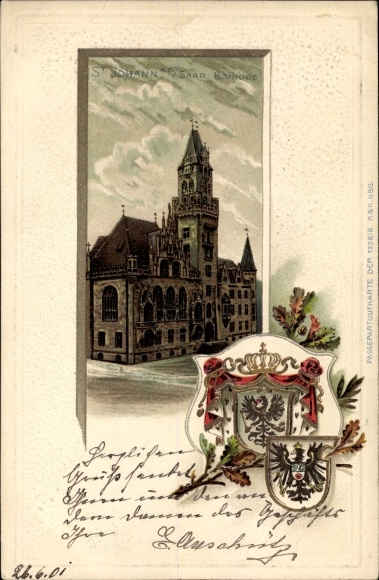 Embossed Coat of Arms Chromo-Litho St. Johann Saarbrücken in Saarland, City Hall