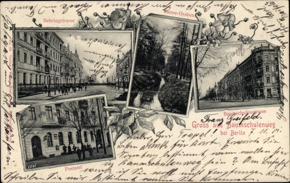 Postcard Berlin Treptow Baumschulenweg, Behringstrasse, Post Office, Baumschulenstrasse, Kanne-Graben