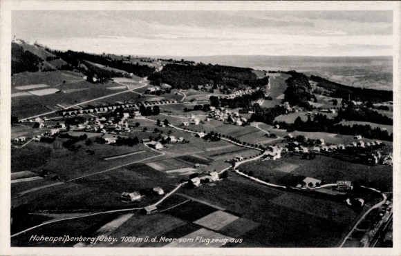 Postcard Hetten Hohenpeißenberg in Upper Bavaria, aerial photograph 1000 m above sea level, landscape photograph